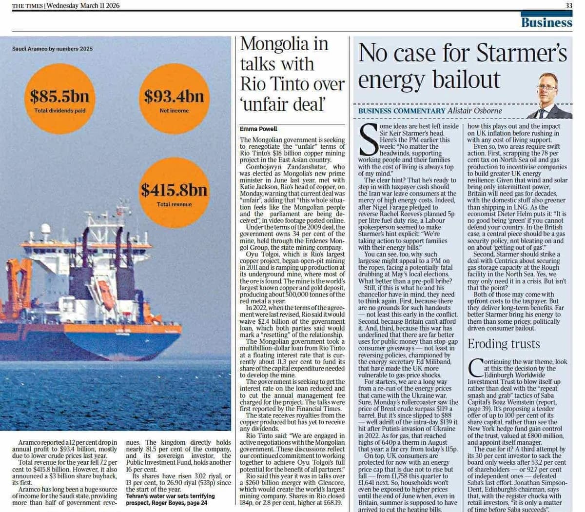 Оюу Толгойн гэрээний шударга бус заалтыг өөрчлөх Ерөнхий сайд Г.Занданшатарын шаардлагын талаар  “The Times” онцолжээ